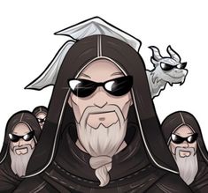 an old man wearing sunglasses and a long black robe with two white beards on his head