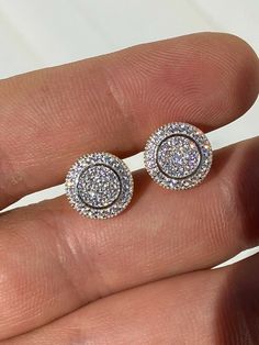 "Amazing stud earrings Nice micropave prong setting Solid 925 sterling silver with 14k yellow gold finish Wont turn your ears green! 2.5ct vvs man made diamonds SUPER ICY...Must see in the sun! About 0.4\" (11mm) wide perfect big size! Pair weighs around 3 grams Screw backs for a secure fit!" Sterling Silver Round Halo Cluster Earrings, Sterling Silver Cluster Earrings With Halo, Yellow Gold Halo Setting Earrings In Sterling Silver, Yellow Gold Sterling Silver Cluster Earrings, Silver 14k Gold Earrings With Halo Design, Silver 14k Gold Halo Design Earrings, Silver 14k Gold Halo Earrings, Silver Halo Design 14k Gold Earrings, Silver Halo 14k Gold Earrings