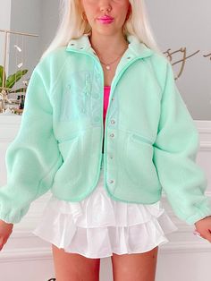 Heartbreaker Seafoam Jacket | Sassy Shortcake Preppy Winter Jacket, Spring Outdoor Fleece Jacket With Pockets, Casual Green Fleece Jacket For Spring, Cute Colorful Outfits, Girly Clothing, Baby Ferrets, Preppy Birthday, Sassy Shortcake, Sports Wear Fashion