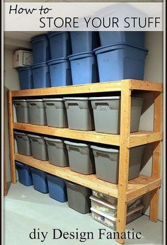 the storage room is filled with plastic buckets