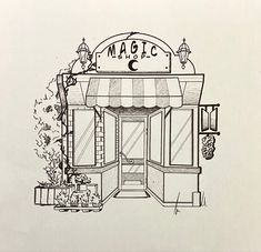 a drawing of a store front with the words magic cafe on it's side