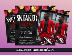 a flyer for a social media event featuring a photo of a man in a red suit