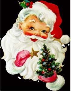 an old fashioned christmas card with santa claus holding a small tree and wearing a red hat