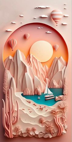 a paper cut landscape with mountains, sea and hot air balloons