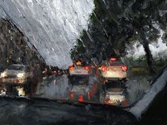 an oil painting of cars driving down the street in the rain with trees and buildings behind them