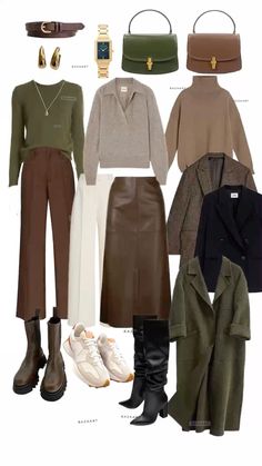 Brown And Dark Green Outfit, Autumn Colors Outfits Women, Deep Autumn Work Outfits, Deep Autumn Color Outfits, Dark Autumn Fashion, Preppy Women Outfits, Deep Autumn Outfits Capsule Wardrobe, Deep Autumn Outfit, Autumn Palette Outfits