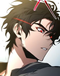 an anime character with red eyes and black hair