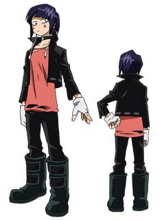 an anime character is holding hands with another person in black and pink clothes, both wearing boots