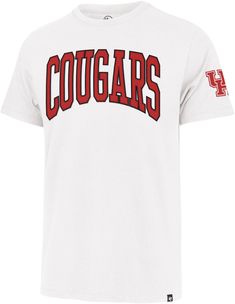 a white t - shirt with the word cougars in red letters on it