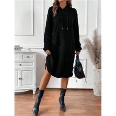 -Item Id 39266061 -Details: Drawstring, Split -Neckline: Hooded -Sleeve Type: Drop Shoulder -Style: Casual -Type: Dress -Color: Black -Pattern Type: Plain -Sleeve Length: Long Sleeve -Length: Long -Fit Type: Loose -Fabric: Slight Stretch -Material: Knitted Fabric -Composition: 100% Polyester -Care Instructions: Machine Wash Or Professional Dry Clean -Temperature: Winter (<10/50) -Lined For Added Warmth: No -Body: Unlined -Sheer: No **Open To Offers!!!** **Bundle To Save More** **30% Off Bundles Hooded Sweatshirt Dress, Loose Fabric, Boutique Tops, Classy Chic, Casual Tops For Women, Casual Black, Sweatshirt Dress, Chic Boutique, Black Pattern