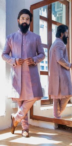 Mauve Embellished Jacket Style Sherwani Set Priti Sahni - Men - Fabilicious Fashion Nikkah Sherwani, Plain Kurta, Maxi Frocks, Mens Indian Wear