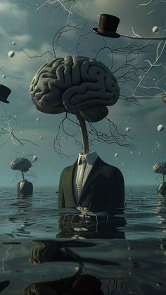 a man in a suit and top hat standing in the water with an upside down brain on his head