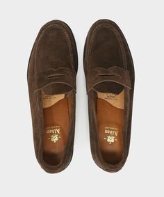 Alden Dark Brown Suede Penny Loafer - Todd Snyder Suede Loafers Men Outfit, Alden Shoes, Brown Suede Loafers, Square Shoes, Square Jewelry, Best Shoes For Men, Loafers Style, Sneaker Dress Shoes, Shoe Company