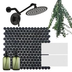 a bathroom with black and green accessories including a shower head, toilet paper holder, and plants