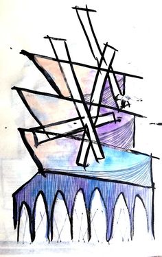 a drawing of a boat on top of a bridge with water coming out of it