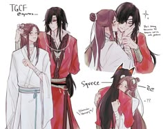 an anime character with long hair and wearing a red robe, standing next to another character