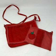 Vintage Fabric Purse Shoulder Bag Red with interior Polka Dots with separate Cosmetic bag with an applique apple on it. super Sweet Girls Teen early 80s late 70s. CONDITION: Pre-Owned Fabric Purse, Fabric Purses, Super Sweet, Red Apple, Sweet Girls, Vintage Fabric, Apples, Cosmetic Bag, Bags Handbags