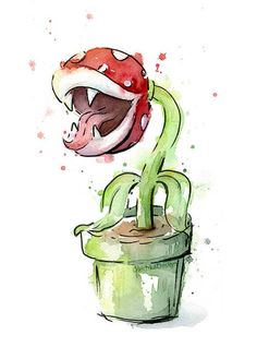 a watercolor painting of a flower in a pot with its mouth open and tongue out