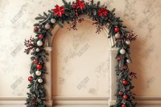 an arch decorated with red and white balls, poinsettis and greenery