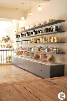 the inside of a store with shelves full of products