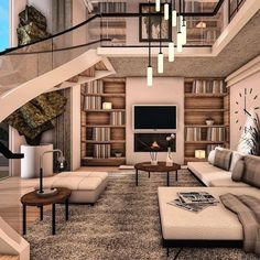 a living room filled with furniture and a spiral staircase in the middle of it's walls