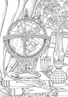 a black and white drawing of a globe surrounded by books, vases and candles