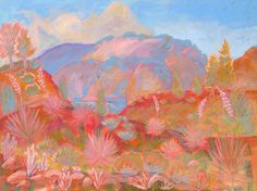 an abstract painting of flowers and mountains in the background