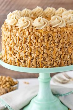 a cake with peanut butter frosting on a blue plate next to cookies and napkins