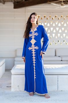 *Note : The kaftan in the video is a different color and is only displayed to show the fit, flow, and cut of the Kaftan. You will receive the one in the pictures.* Feel like a Royalty! This Kaftan maxi dress is ideal to wear for any casual occasion. Whether a wedding, gathering, taking a trip down the shopping lane, or home-based kitty parties, or about anything else, wearing this dress will make you feel classy and comfortable.  The perfect house dress for lounging or having a coffee in your ba Blue Maxi Length Abaya For Spring, Blue Embroidered Maxi Dress For Eid, Embroidered Maxi Length Blue Abaya, Blue Embroidered Long Abaya, Blue Embroidered Floor-length Maxi Dress, Blue Maxi Dress For Eid, Blue Tunic Thobe For Eid, Traditional Blue Maxi Dress For Eid, Royal Blue Embroidered Kaftan