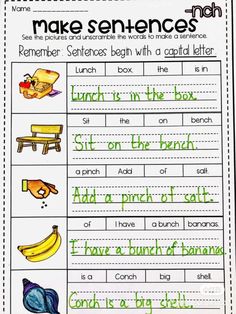 the worksheet for making sentences with pictures and words on it, including bananas