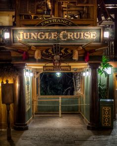 the entrance to jungle cruise at night time