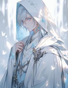 an anime character with white hair and blue eyes, wearing a hooded cloak over his head