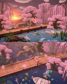 an animated scene with pink flowers and trees in the background, along with a small boat