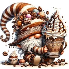 a painting of an ice cream sundae and a gnome holding a cup of coffee