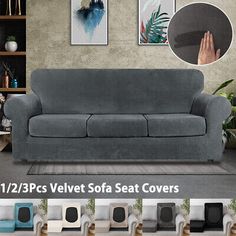 two different styles of sofas in various colors and sizes, each with the same cover