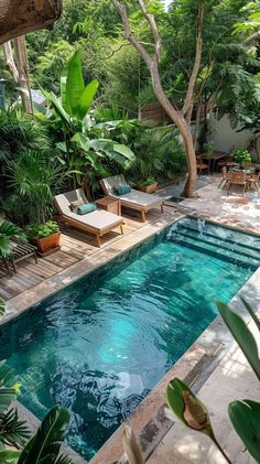 an outdoor swimming pool surrounded by greenery