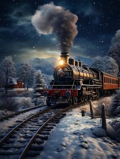 a painting of a train going down the tracks at night with snow on the ground