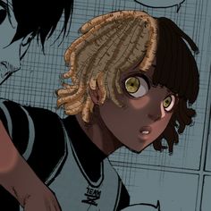 an animated image of a boy with dreadlocks on his head looking at the camera