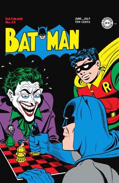 a batman comic cover with the joker playing chess and another person wearing a green mask