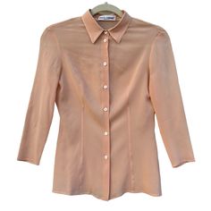 Dolce & Gabbana Vtg Silk Crepe Button Up Shirt Blouse In Peach - Us Sz 4 / It 40 Vintage - This Beautiful Light Weight Shirt Comes From My Personal Collection - I Bought It In New York City About 25 Years Ago. I Wore It 2 Times So Its In An Excellent Condition, Considering The Age Excellent Condition, No Flaws Size - Us Size 4 / It Size 40 (The Size Tag Is Missing - Please Check The Measurments Below To Ensure The Perfect Fit) Fast Shipping Approx. Measurements Laying Flat: * Shoulder-To-Shoulde Fitted Classic Silk Shirt, Classic Fitted Silk Blouse, Pink Silk Collared Blouse, Fitted Silk Shirt For Daywear, Fitted Silk Button-up Shirt, Fitted Silk Summer Shirt, Fitted Silk Top With Buttons, Fitted Silk Shirt For Summer, Fitted Silk Tops With Collar