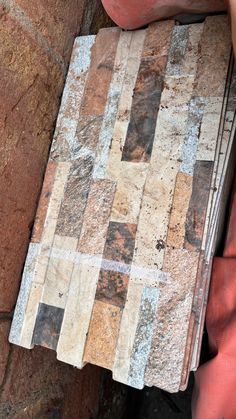 a piece of tile sitting on top of a brick wall next to a potted plant