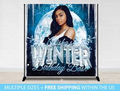 the winter birthday bash sign is shown with an image of a woman in front of it