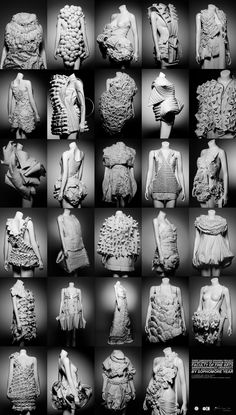 black and white photograph of many different types of clothing on mannequin's torsos