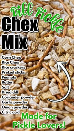 Dill Pickle Chex Mix Recipe with ingredients listed on the image Spicy Crackers, Easy Snack Mix, Trail Mix Recipes, Chex Mix Recipes, Snack Mix Recipes, Fall Cooking, Chex Mix, Salty Snacks, Allergy Free Recipes