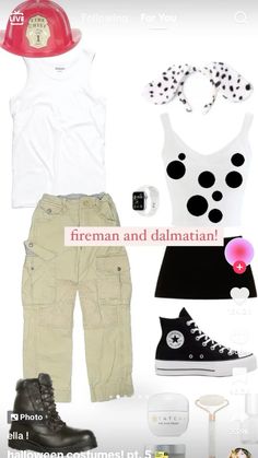 some clothes and accessories are arranged in the shape of a heart, fireman's hat