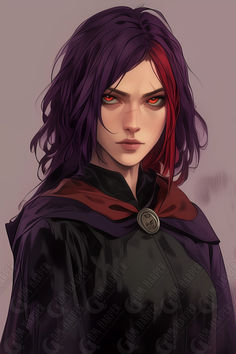 an anime character with red hair and black clothes, wearing a purple cloak over her shoulders