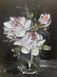 a painting of flowers in a vase on a black background with white and pink petals