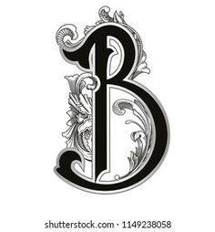 the letter b is decorated with flowers and leaves in black on a white background - stock photo