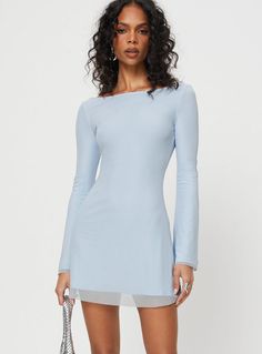 Long sleeve mesh mini dress Low back, tie back fastening, slightly flared sleeves Good stretch, fully lined 95% polyester 5% spandex Cold machine wash Dress Low Back, Mini Dress Blue, Mesh Mini Dress, Fleece Dress, Bateau Neck, Outerwear Outfit, Curve Dresses, Casual Tank Tops, White Midi Dress