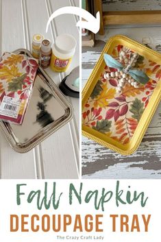 the fall napkin decoupage tray is on display